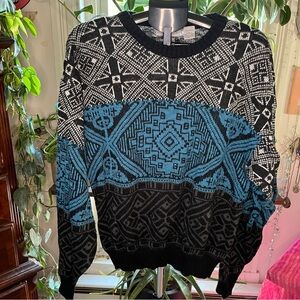 Vintage Patterned Black and Blue Sweater